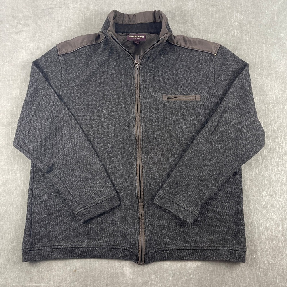 Johnston & Murphy Mens XL Gray Full Zip Sweater Jacket Shoulder Trim Pocket